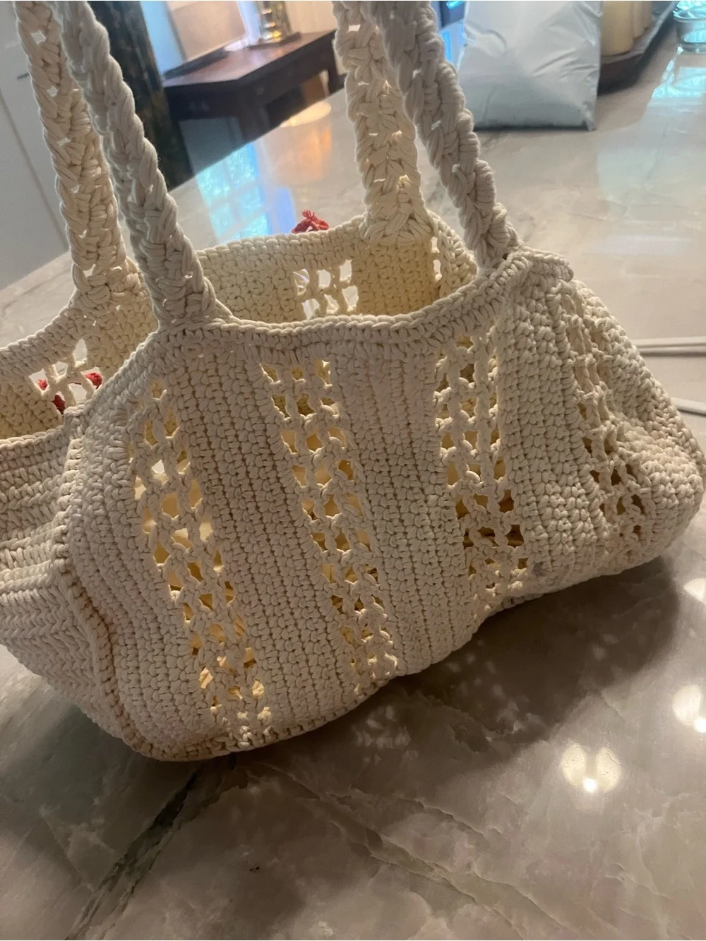 Cream Crochet Satchel with Red crab Accent Details